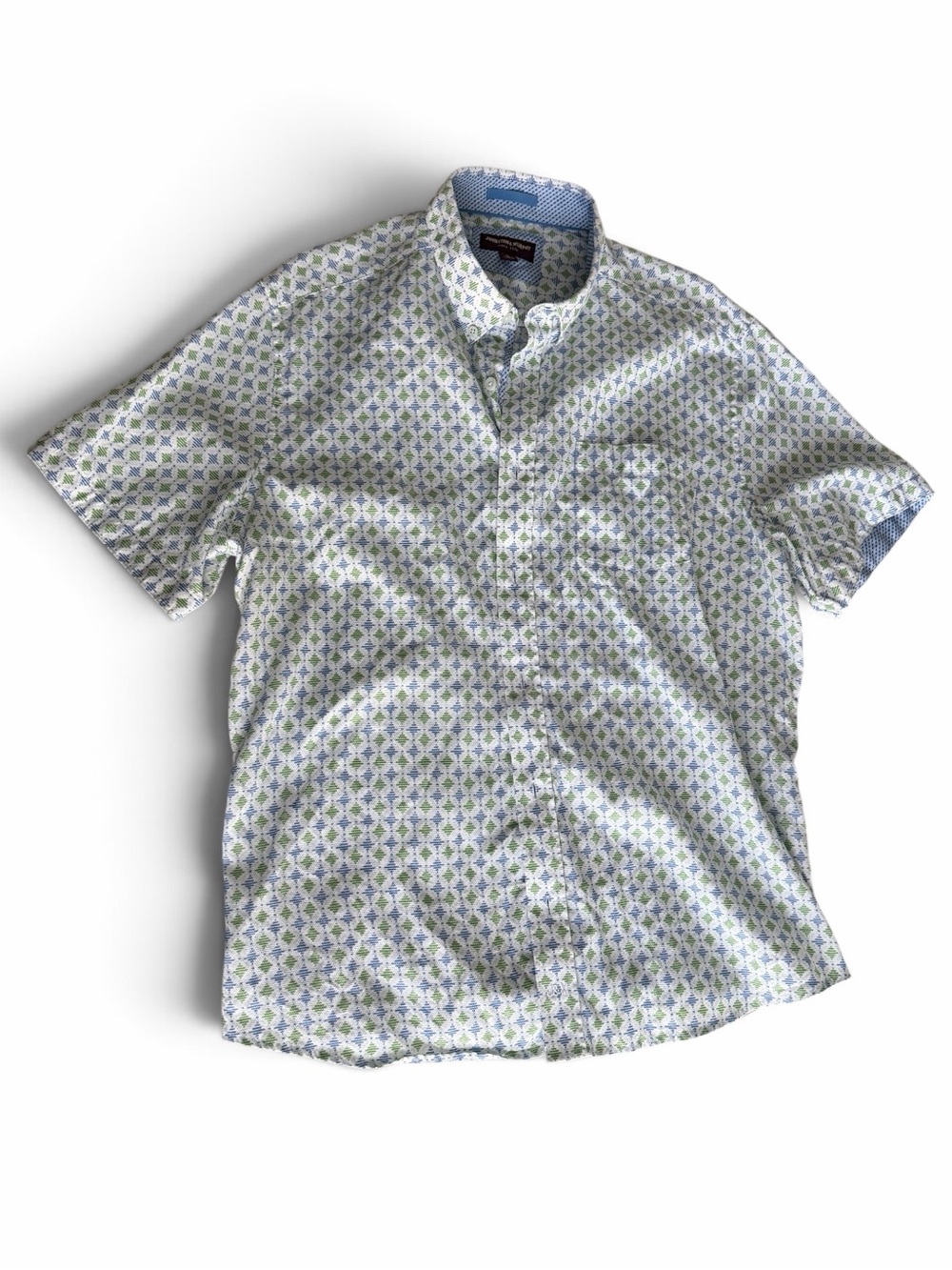 Johnston & Murphy White Short-Sleeve Button-Down with Blue & Green Print